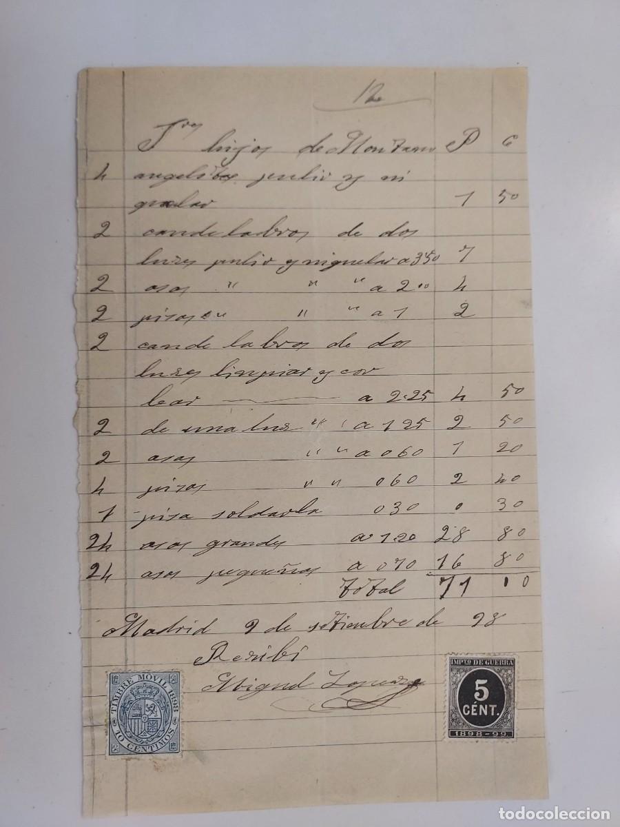 Facturas antiguas: A&ntilde;o 1898 Madrid recibo Miguel L&oacute;pez a Hijos de Montano. Material para pianos. Timbre impto. guerra