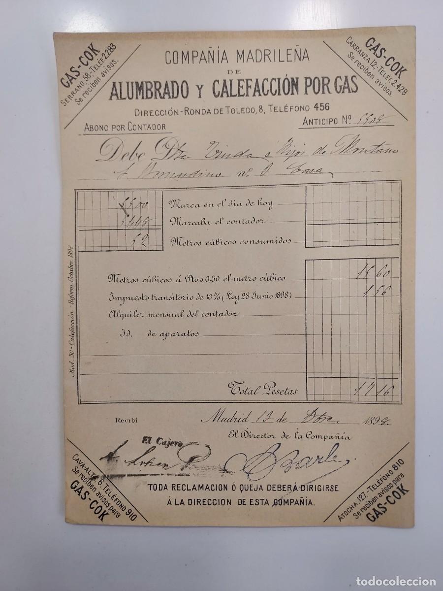 Facturas antiguas: FACTURA A&Ntilde;O 1998 MADRID GAS-COK COMPA&Ntilde;IA MADRILE&Ntilde;A ALUMBRADO CALEFACCION GAS. VIUDA HIJOS MONTANO
