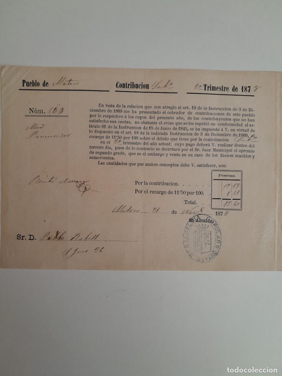 Facturas antiguas: CONTRIBUCI&Oacute;N DE PABLO RABELL PARA EL AYUNTAMIENTO DE MATAR&Oacute; (MATAR&Oacute;, 21 NOVIEMBRE 1873)