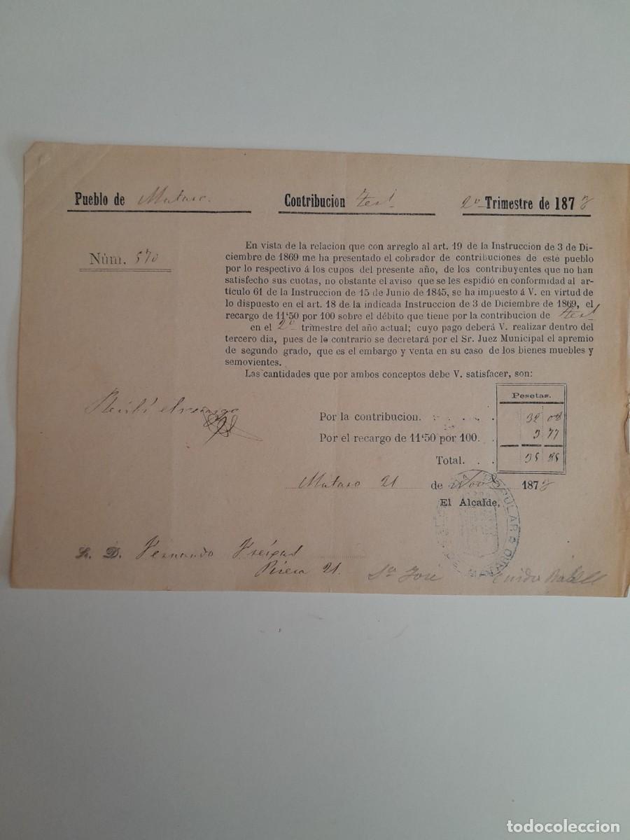 Facturas antiguas: CONTRIBUCI&Oacute;N DE FERNANDO FREIXAS PARA EL AYUNTAMIENTO DE MATAR&Oacute; (MATAR&Oacute;, 21 NOVIEMBRE 1873)