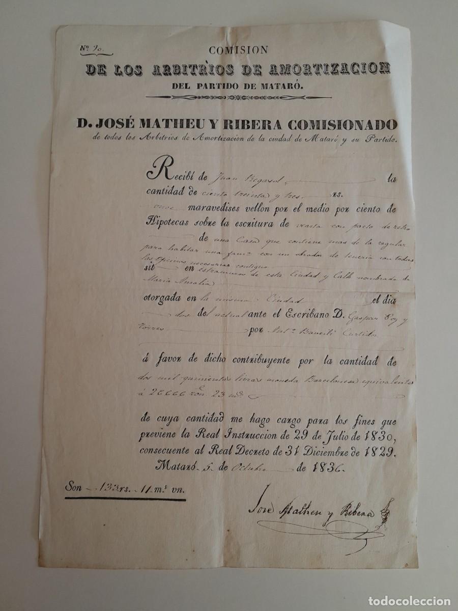 Facturas antiguas: RECIBO COBRO ARBITRIOS POR UNA ESCRITURA DE VENTA A NOMBRE DE JUAN REGAVOL (MATAR&Oacute;, 5 OCTUBRE 1836)