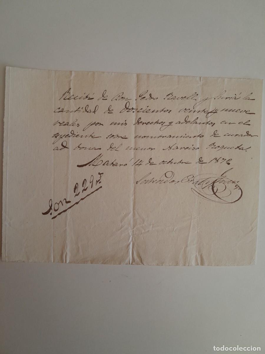 Facturas antiguas: RECIBO DE COBRO A NOMBRE DE PEDRO RABELL (MATAR&Oacute;, 14 OCTUBRE 1872)