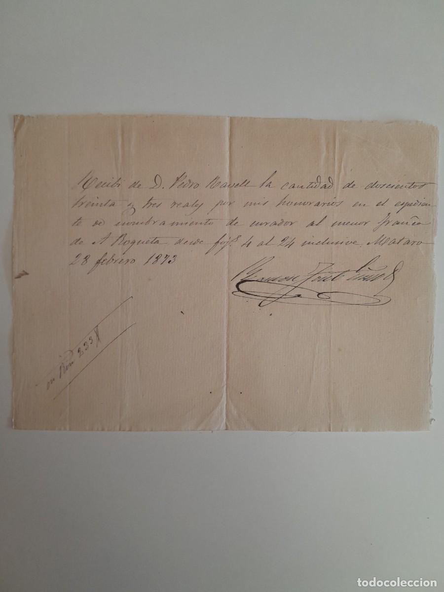 Facturas antiguas: RECIBO DE COBRO A NOMBRE DE PEDRO RABELL (MATAR&Oacute;, 28 FEBRERO 1873)