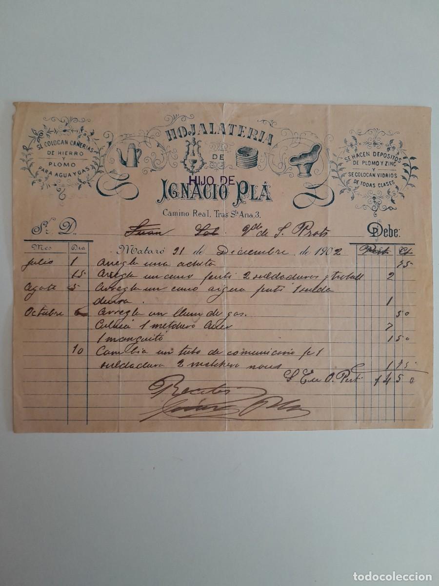 Facturas antiguas: FACTURA DE LA HOJALATER&Iacute;A DE HIJO DE IGNACIO PL&Aacute; DE MATAR&Oacute; A NOMBRE DE LA VIUDA DE PRATS (1902)