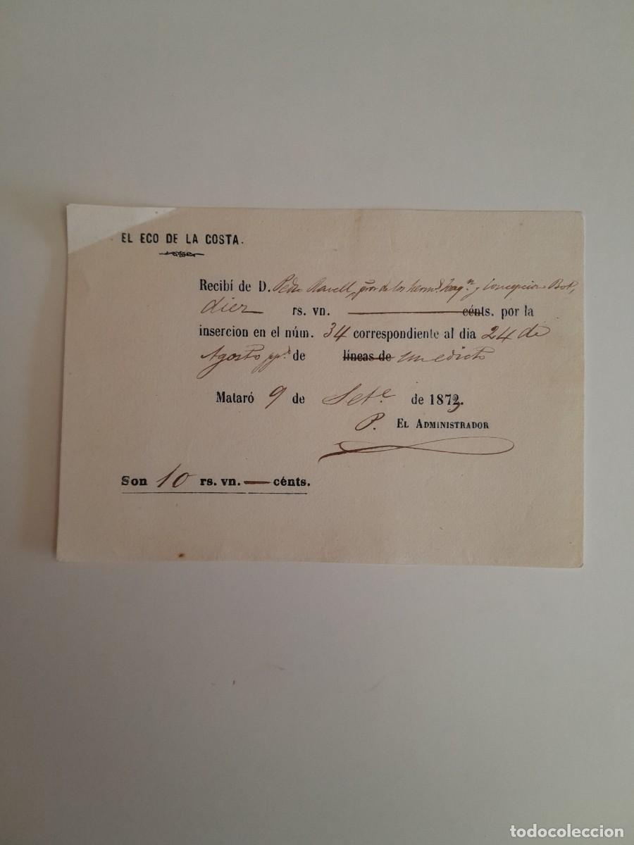 Facturas antiguas: RECIBO DE EL ECO DE LA COSTA A NOMBRE DE PEDRO RABELL (MATAR&Oacute;, 9 SEPTIEMBRE 1873)