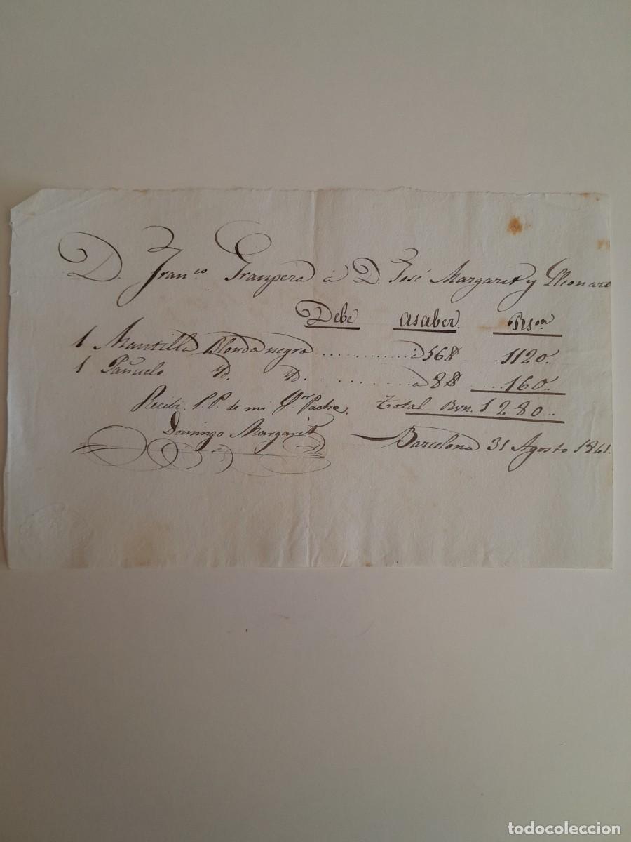 Facturas antiguas: FACTURA DE MANTILLA Y PA&Ntilde;UELO A NOMBRE DE FRANCISCO GRAUPERA (BARCELONA, 31 AGOSTO 1841)