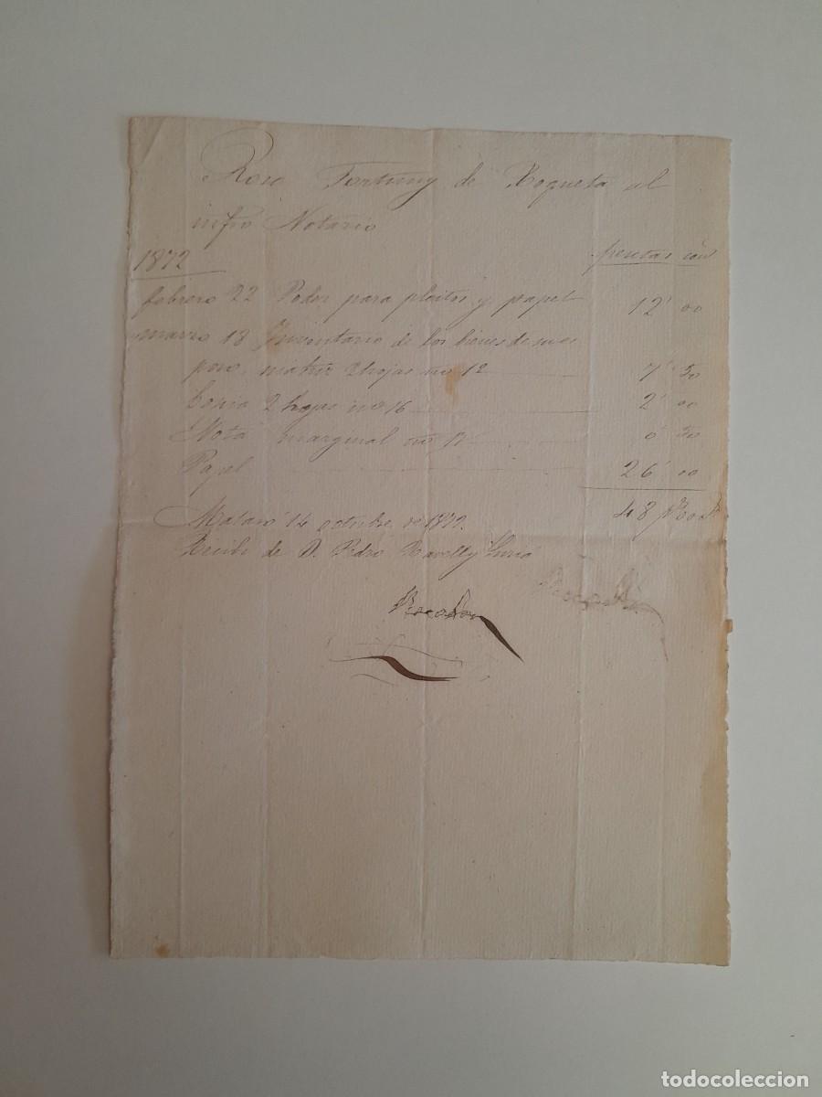 Facturas antiguas: FACTURA DE NOTARIO A NOMBRE DE ROSA FORTUNY (MATAR&Oacute;, 24 OCTUBRE 1872)