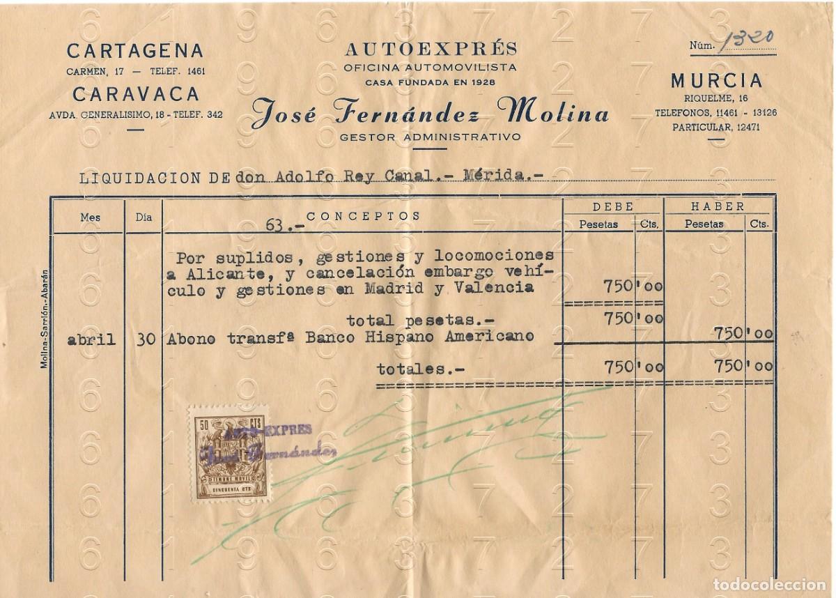 Facturas antiguas: CARTAGENA CARAVACA FACTURA ANTIGUA MERIDA JOSE FERNANDEZ MOLINA AUTOEXPRES B41