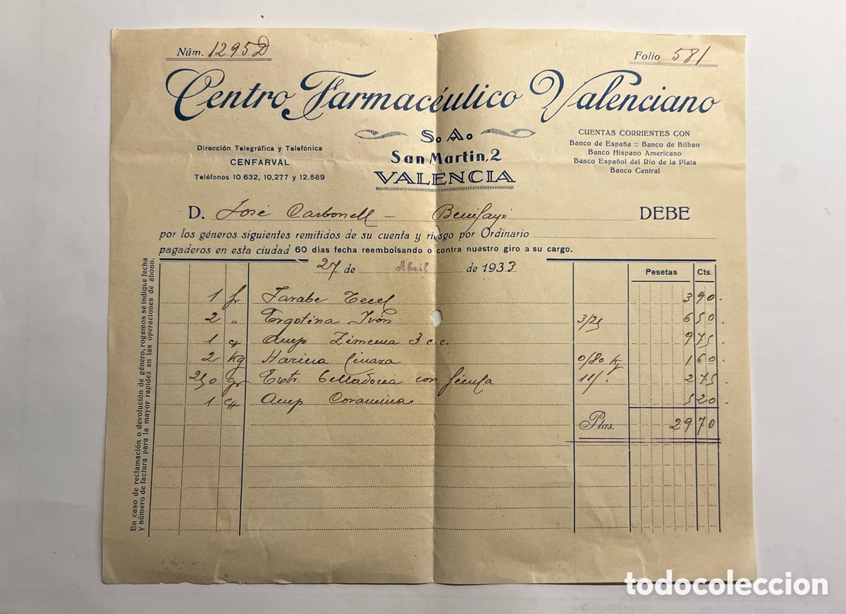 Facturas antiguas: BENIFAY&Oacute;, Valencia. Farmacia D. Jos&eacute; Carbonell. Factura Centro Farmac&eacute;utico Valenciano (a.1933)