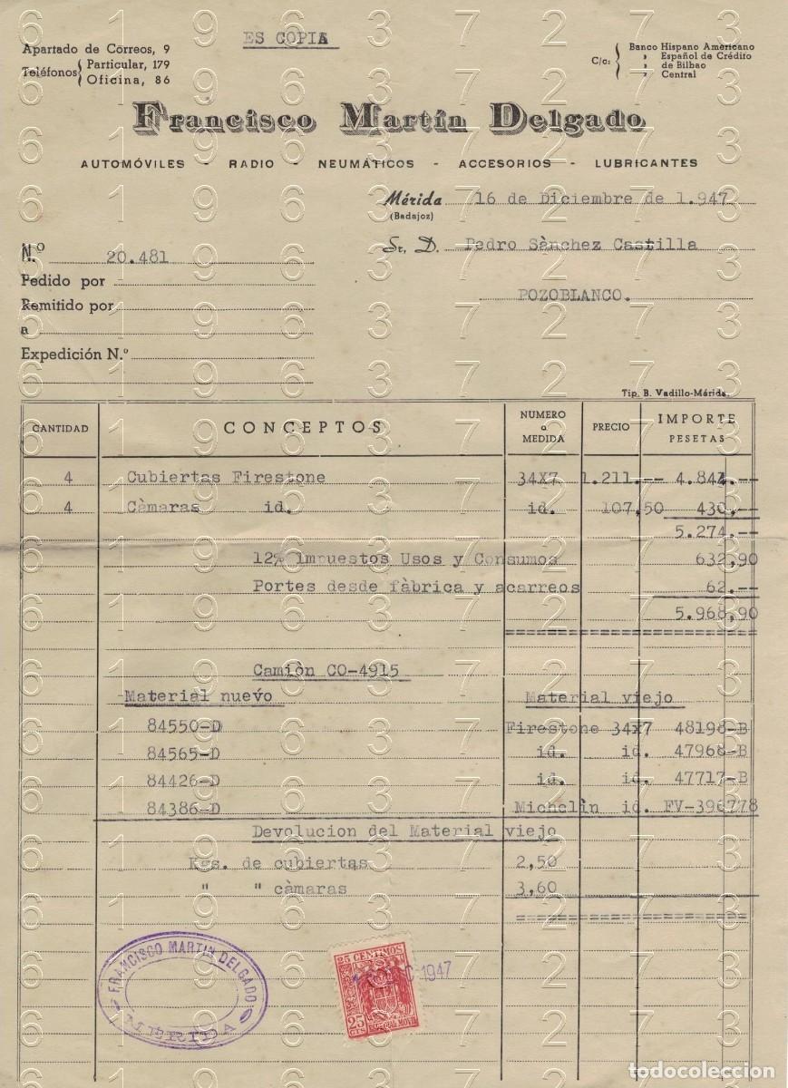 Facturas antiguas: MERIDA FRANCISCO MARTIN DELGADO 1947 FACTURA ANTIGUA B67