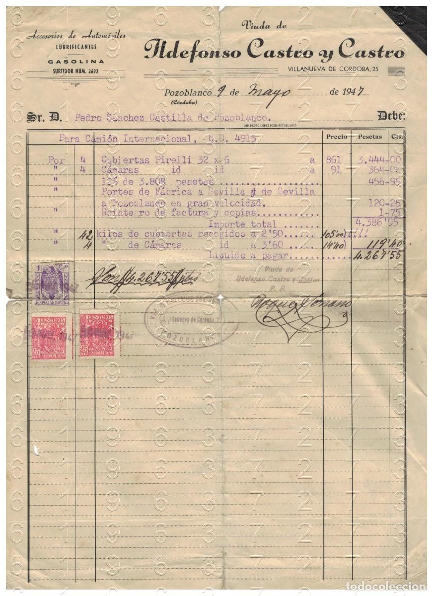 Facturas antiguas: POZOBLANCO CORDOBA ILDEFONSO CASTRO AUTOMOVILES 1947 FACTURA ANTIGUA B67