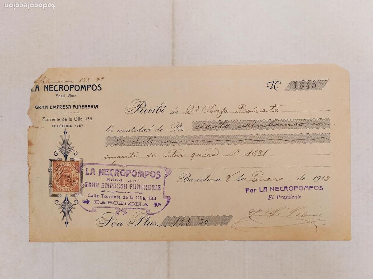 Facturas antiguas: BARCELONA - GRACIA - TORRENT DE L'OLLA - LA NECROMPOS FUNERARIA - RECIBO - A&Ntilde;O 1913 -VER FOTOS