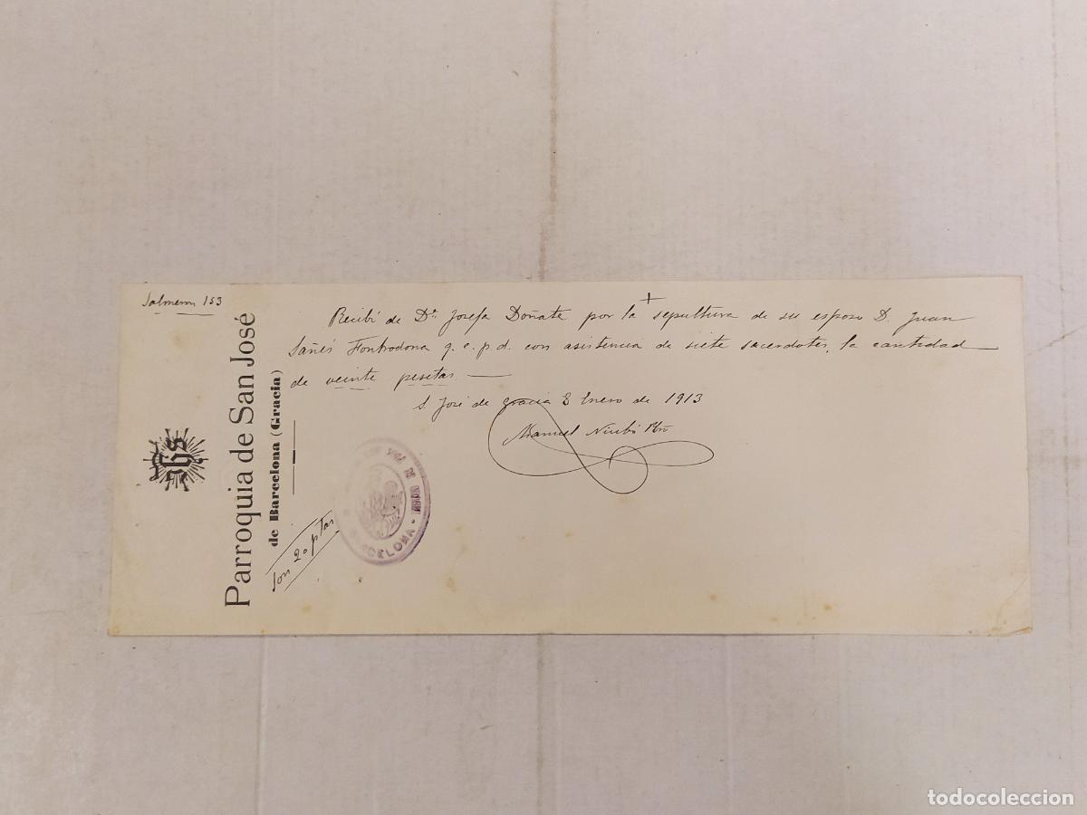 Facturas antiguas: BARCELONA - GRACIA - PARROQUIA DE SAN JOSE - RECIBO SELLADO - A&Ntilde;O 1913 -VER FOTOS