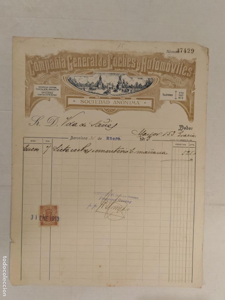 Facturas antiguas: BARCELONA - GRACIA - COMPA&Ntilde;IA GENERAL DE COCHES Y AUTOMOVILES - FACTURA A&Ntilde;O 1913 -VER FOTOS