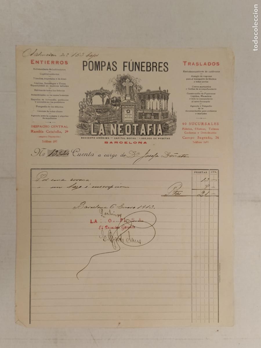 Old Invoices: BARCELONA - POMPAS FUNEBRES LA NEOTAFIA - FACTURA A&Ntilde;O 1913 -VER FOTOS