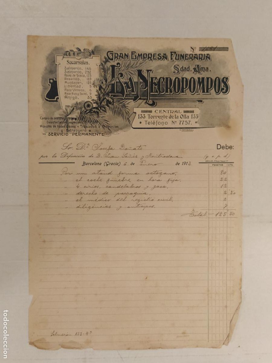 Old Invoices: BARCELONA - GRACIA - TORRENT DE L'OLLA - FUNERARIA LA NECROMPOS - FACTURA A&Ntilde;O 1913 -VER FOTOS