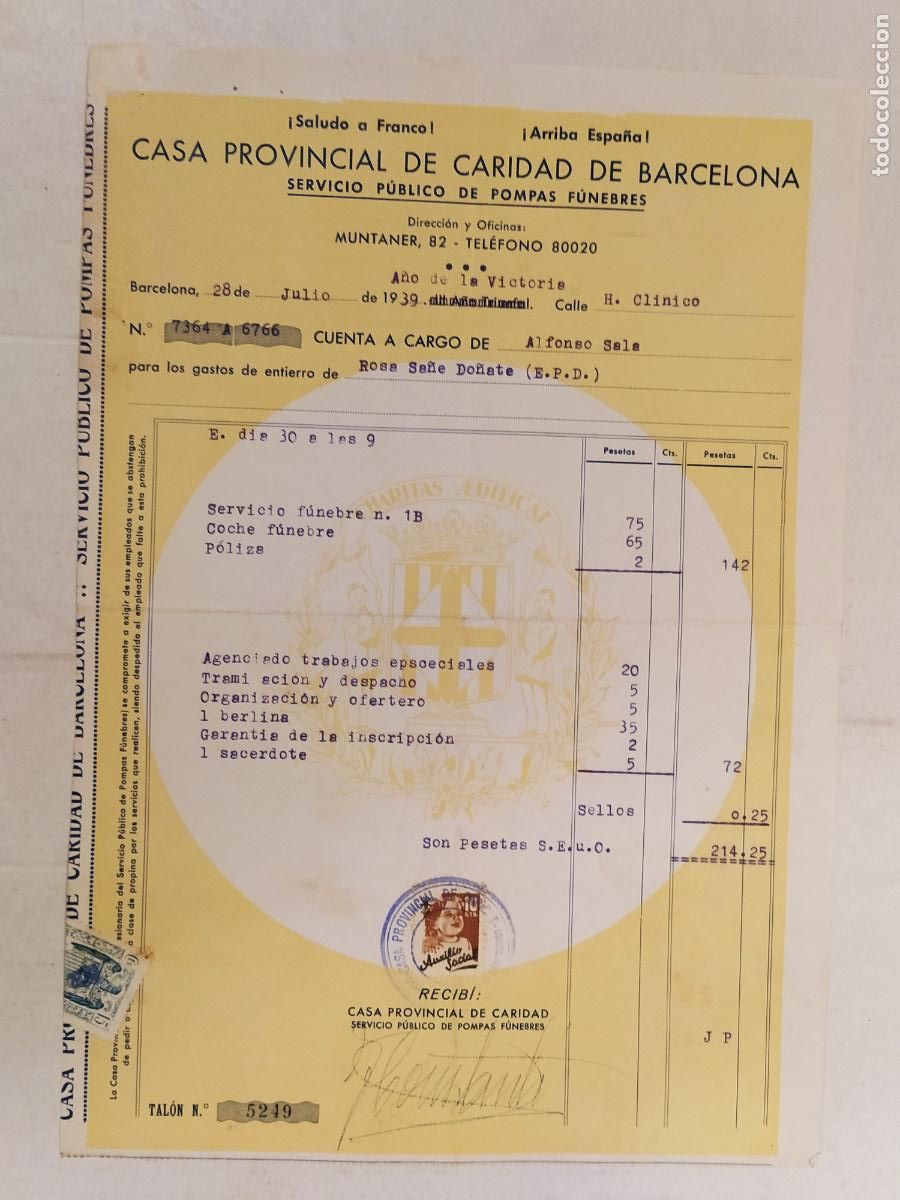 Fatture antiche: BARCELONA - CASA PROVINCIAL DE CARIDAD - SERVICIO PUBLICO POMPAS FUNEBRES - A&Ntilde;O 1939 -VER FOTOS