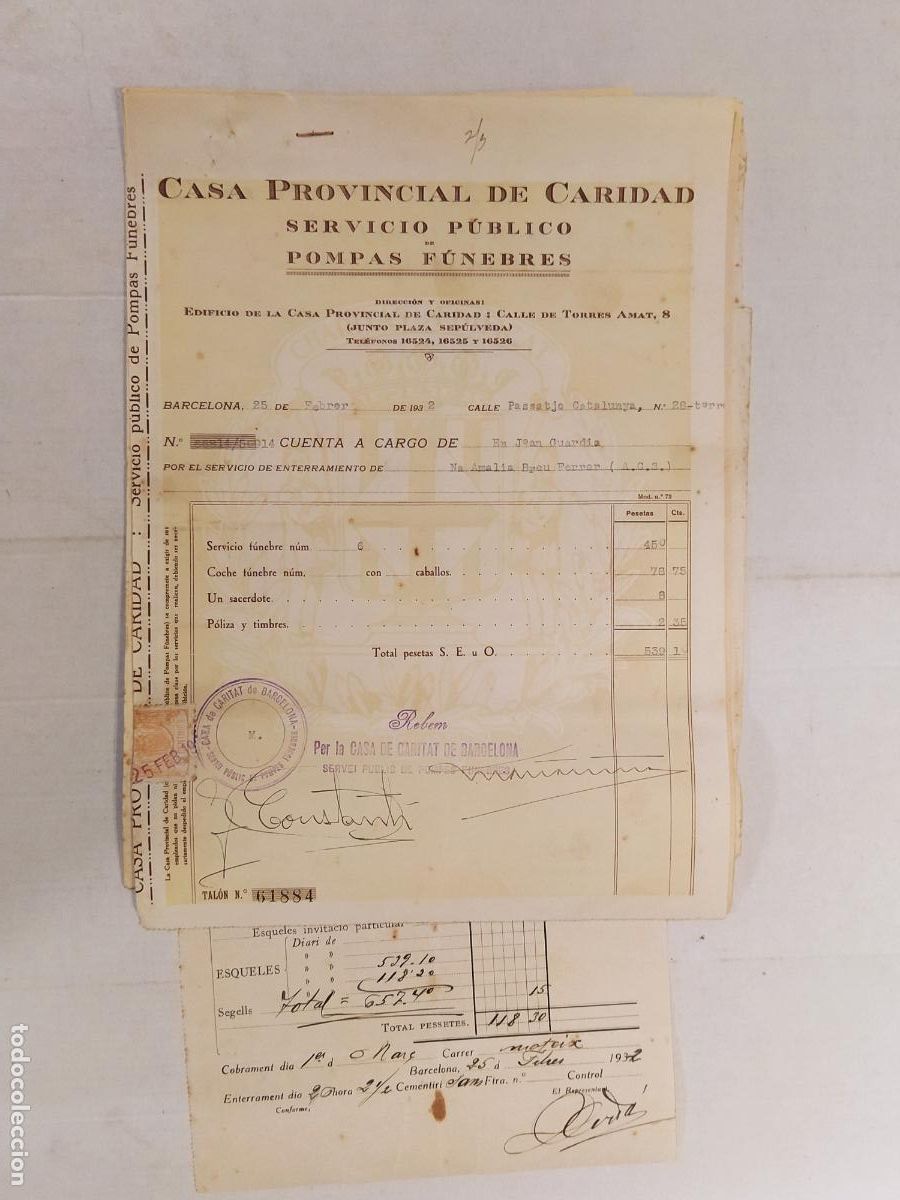Fatture antiche: BARCELONA - CASA PROVINCIAL DE CARIDAD - SERVICIO PUBLICO POMPAS FUNEBRES - A&Ntilde;O 1932 -VER FOTOS