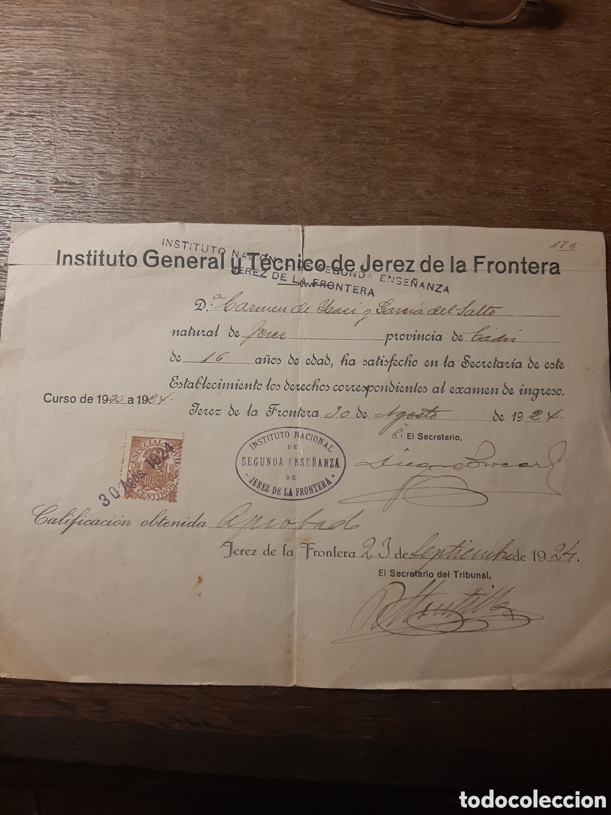 Facturas antiguas: Resguardo de Ingreso en INSTITUTO NACIONAL. 23 Septiembre de 1924.