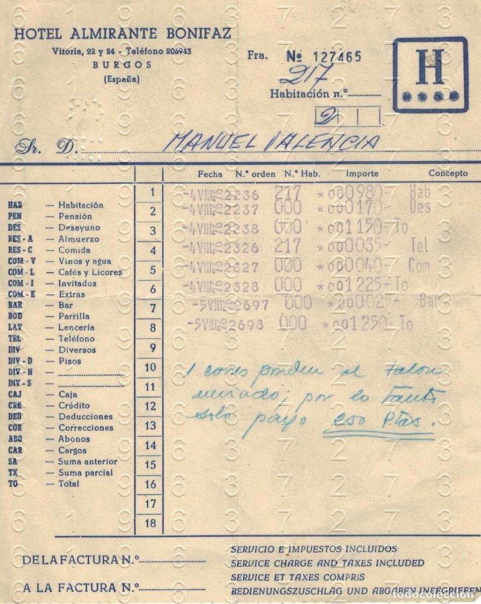 Facturas antiguas: BURGOS HOTEL ALMIRANTE BONIFAZ FACTURA ANTIGUA LG7