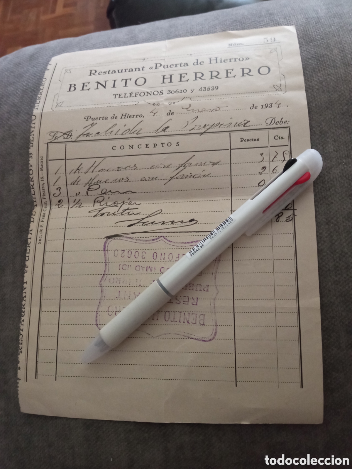 Facturas antiguas: Antigua factura de 1934,Restaurant, Puerta de Hierro, Benito Herrero, El Pardo (Madrid)