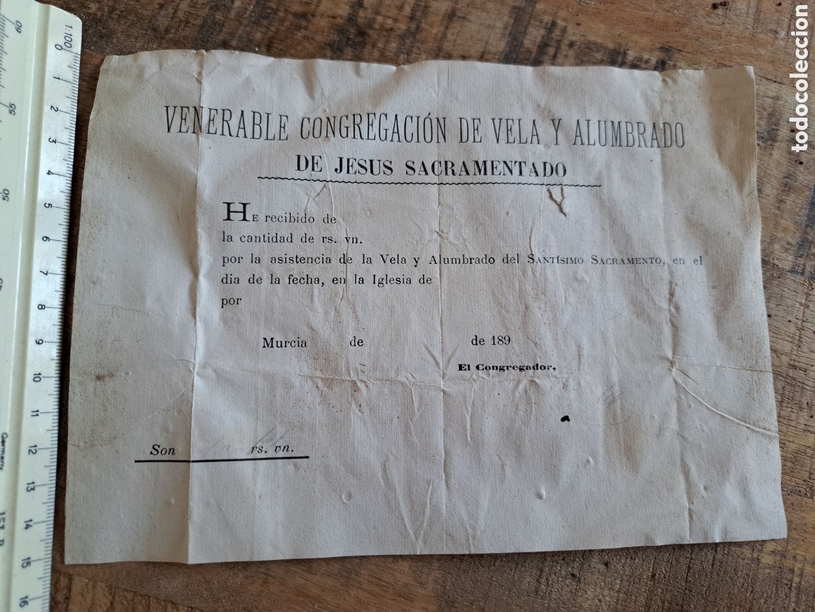 Facturas antiguas: Jml Recibo pago Venerable congregaci&oacute;n de Vela y Alumbrado DE Jes&uacute;s Sacramento, Murcia 1890.