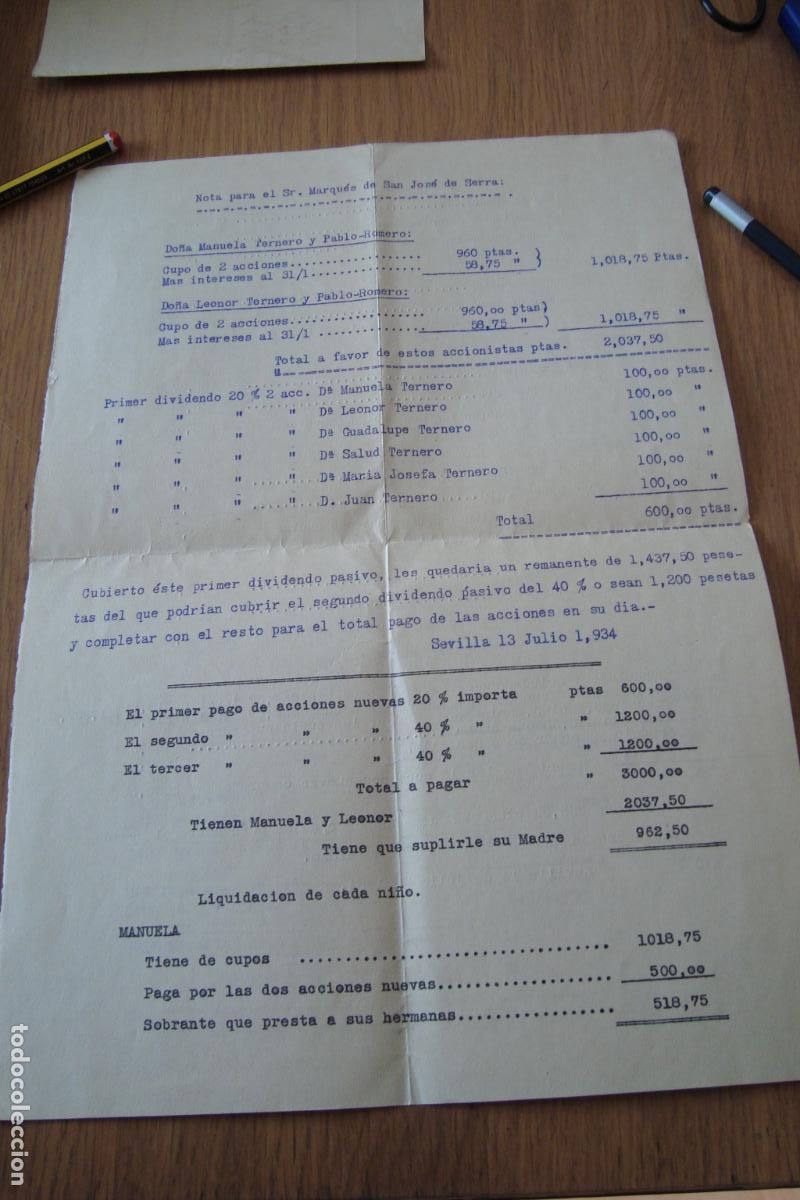 Facturas antiguas: ANTIGUA CARTA CUENTAS IMPOTE ACCIONES. MARQUES SAN JOSE DE SERRA. SEVILLA 1934