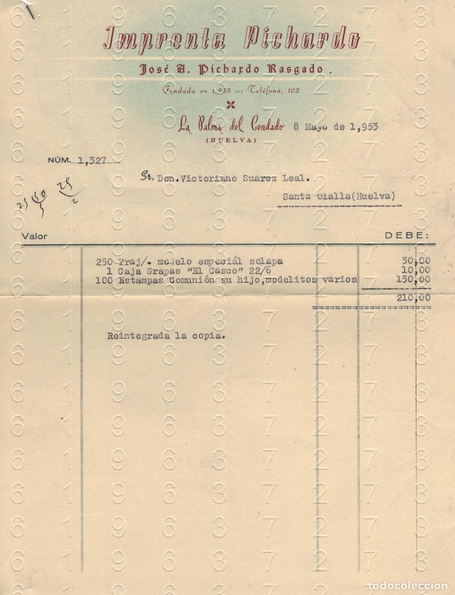 Facturas antiguas: LA PALMA DEL CONDADO IMPRENTA PICHARDO FACTURA ANTIGUA 1953 M34