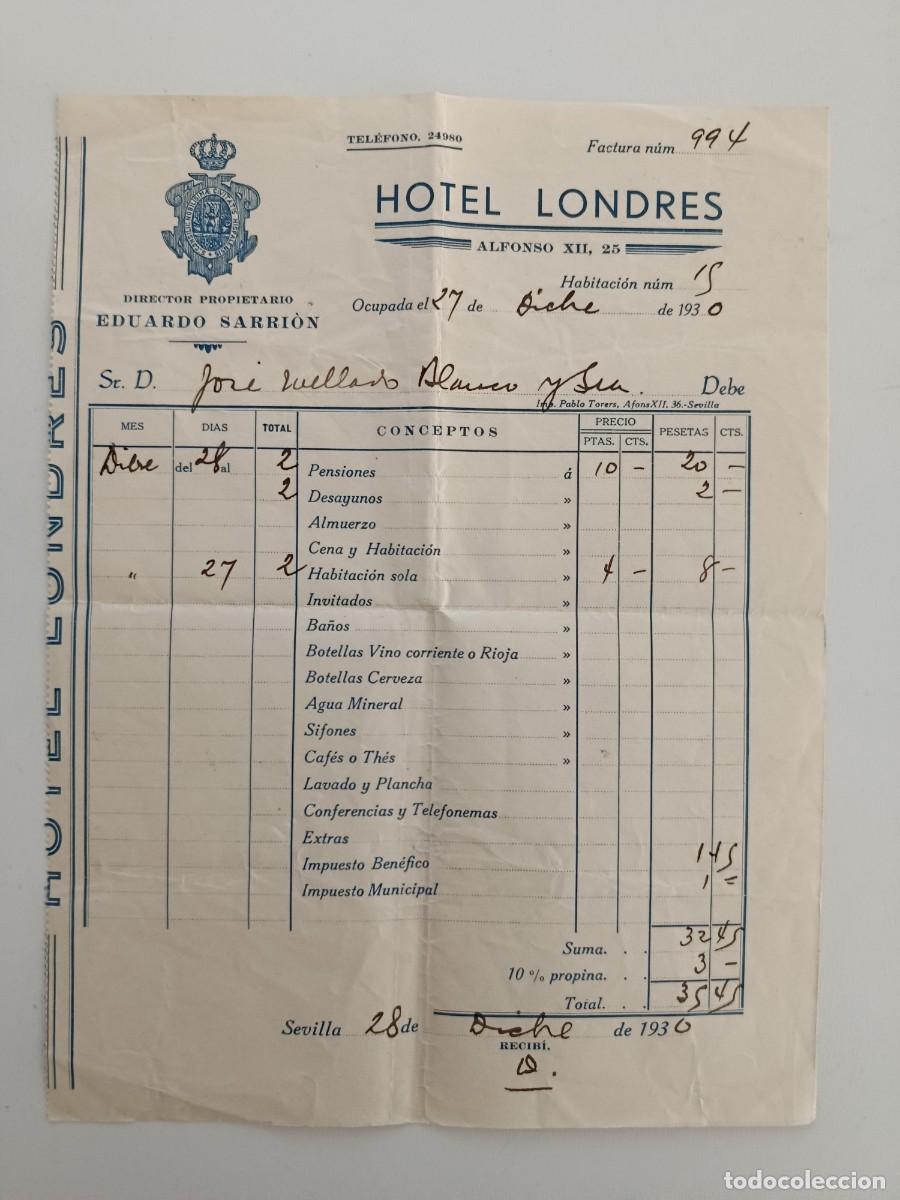 Facturas antiguas: FACTURA 1930. HOTEL LONDRES. SEVILLA