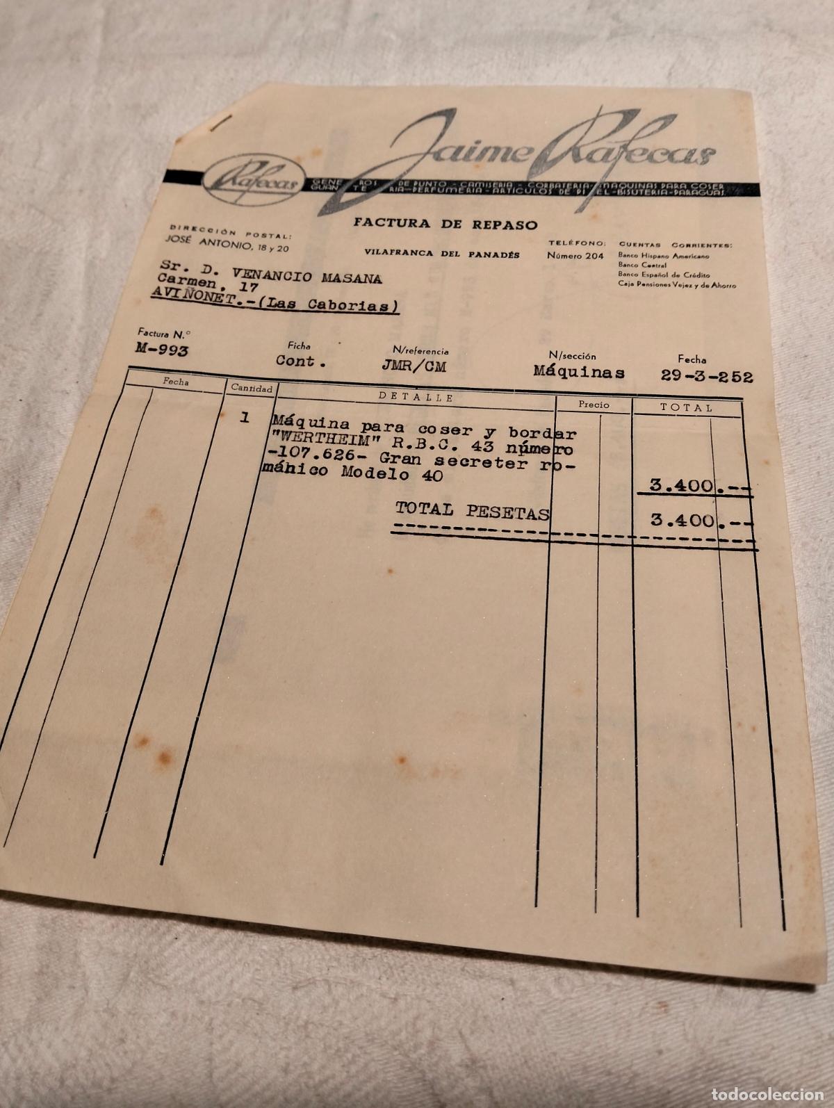 Old Invoices: Jaime Rafecas factura de repaso m&aacute;quina para coser y bordar wertheim rbc 43 a&ntilde;os 50