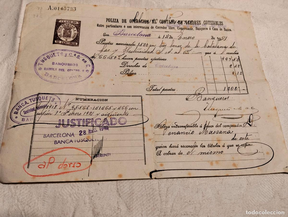 Facturas antiguas: P&oacute;liza de operaci&oacute;n al contado de valores cotizables barcelona 1918 1921 justificado en 1940