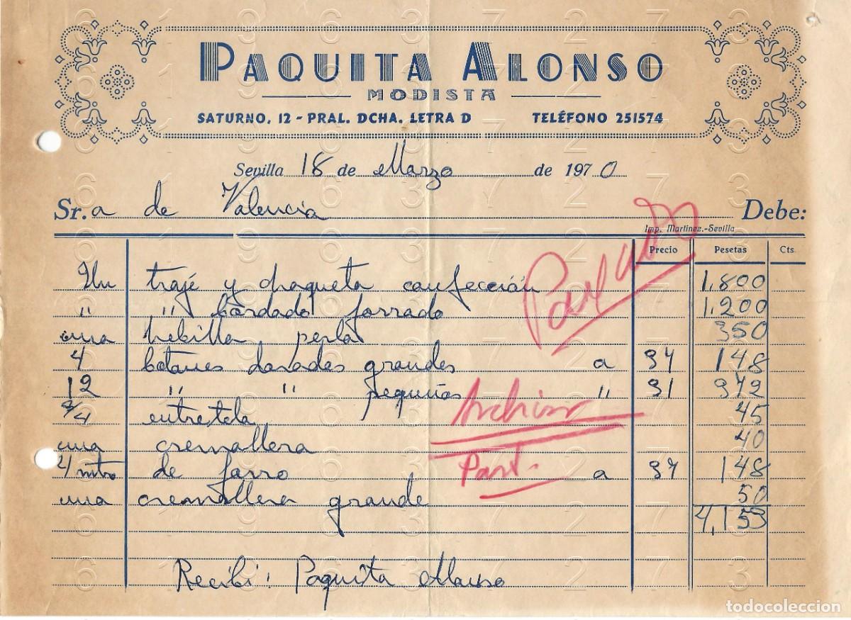 Facturas antiguas: SEVILLA PAQUITA ALONSO MODISTA FACTURA ANTIGUA 1970 M36