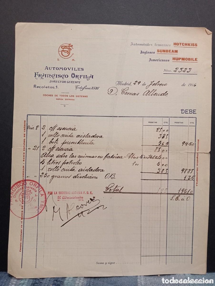 Factures anciennes: AUTOMOVILES FRANCISCO ORFILA. MADRID 1916. FRANCESES HOTCHKISS INGLESES SUNBEAM AMERICANOS HUPMOBILE