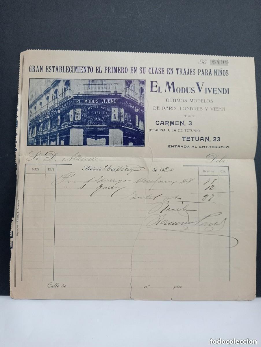 Facturas antiguas: GRAN ESTABLECIMIENTO EL PRIMERO EN SU CLASE EN TRAJES PARA NI&Ntilde;OS &ndash; EL MODUS VIVENDI. MADRID 1920