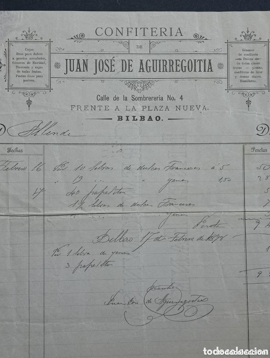 Facturas antiguas: CONFITERIA DE JUAN JOS&Eacute; DE AGUIRREGOITIA. CALLE SOMBRERERIA BILBAO 1898. CREWTOWN&acute;S LINEN BANK