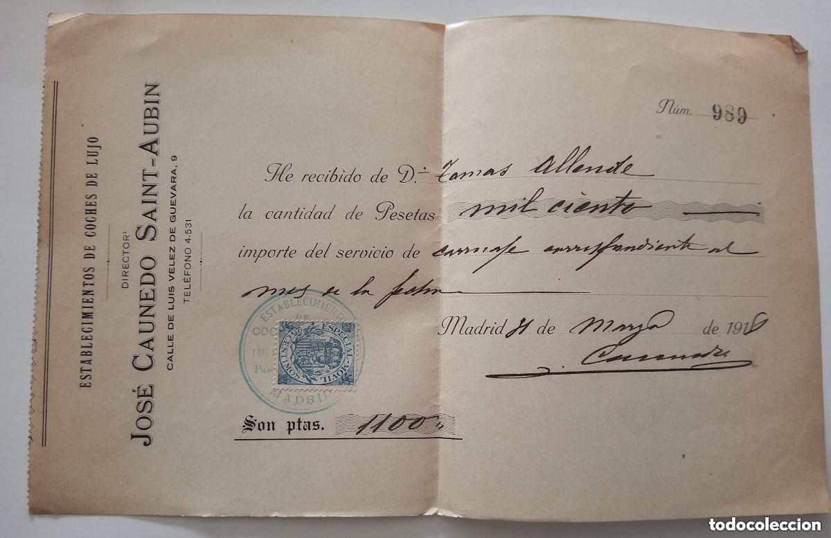 Facturas antiguas: ESTABLECIMIENTO DE COCHES DE LUJO &ndash; JOS&Eacute; CAUNEDO SAINT-AUBIN. ANTIGUO RECIB&Iacute;. MADRID 1918