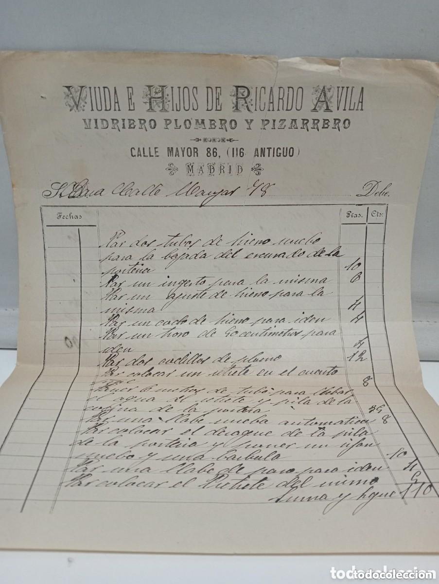 Facturas antiguas: VIUDA E HIJOS DE RICARDO AVILA. VIDRIERO PLOREO Y PIZARRERO. MADRID 1901