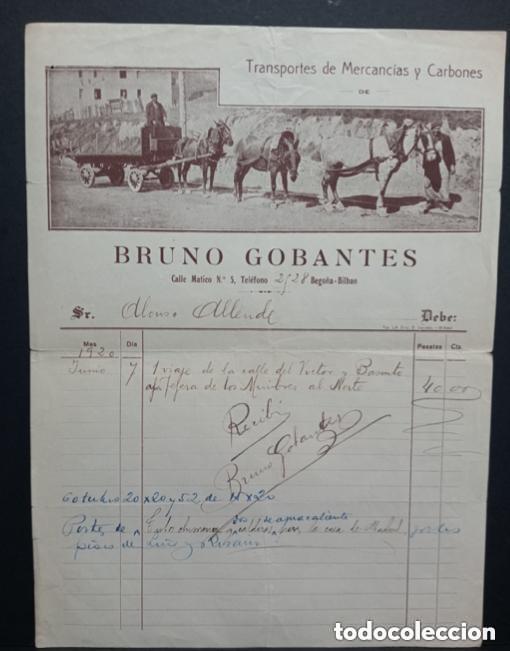 Facturas antiguas: &Uacute;NICA / RARA - BRUNO GOBANTES. BILBAO 1920. TRANSPORTE MERCANCIAS Y CARBONES