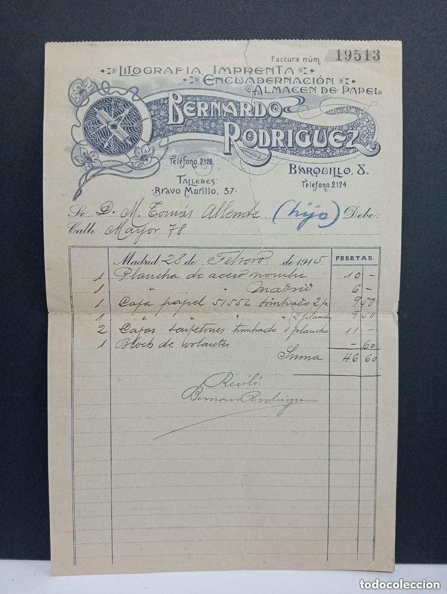 Facturas antiguas: LITOGRAFIA, IMPRENTA, ENCUADERNACI&Oacute;N, ALMACEN DE PAPEL &ndash; BERNARDO RODRIGUEZ. MADRID 1915