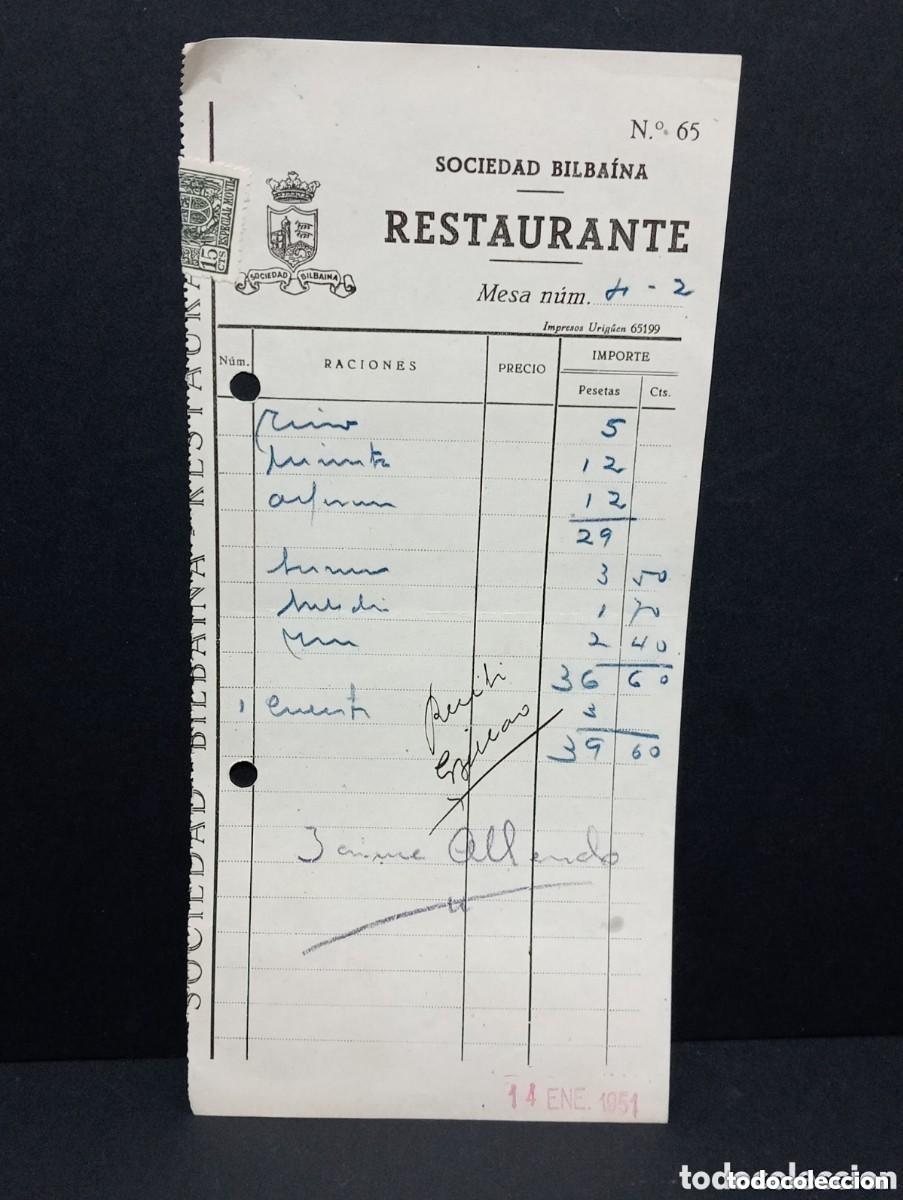 Facturas antiguas: SOCIEDAD BILBA&Iacute;NA - RESTAURANTE. ANTIGUA FACTURA. IMPRESOS URIGUEN. &Uacute;NICA EN VENTA