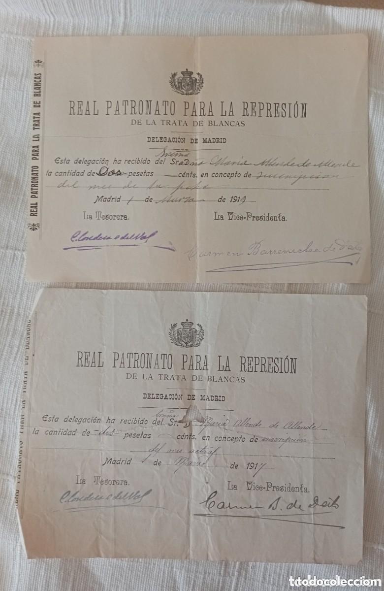 Facturas antiguas: REAL PATRONATO PARA LA REPRESI&Oacute;N DE LA TRATA DE BLANCAS. DELEGACI&Oacute;N DE MADRID. RECIBO. 1917 y 1919