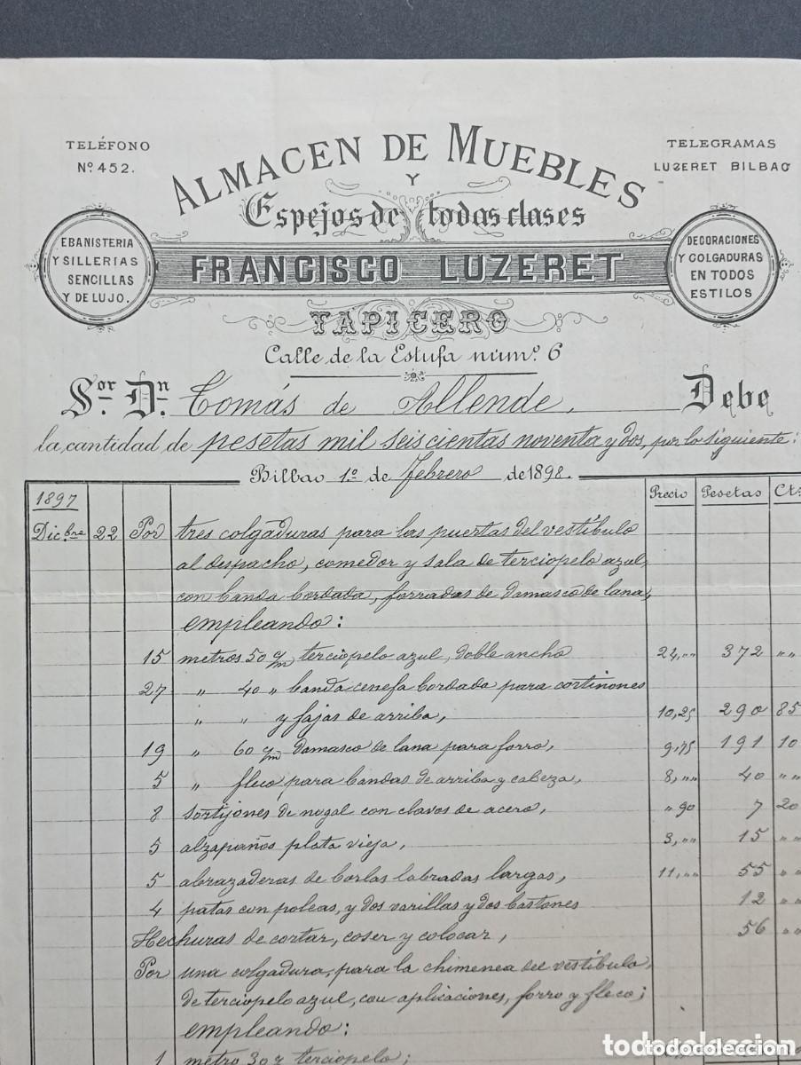Facturas antiguas: ALMACEN DE MUEBLES Y ESPEJOS DE TODAS CLASES FRANCISCO LUZERET TAPICERO BILBAO 1898 MANUSCRITA &Uacute;NICA