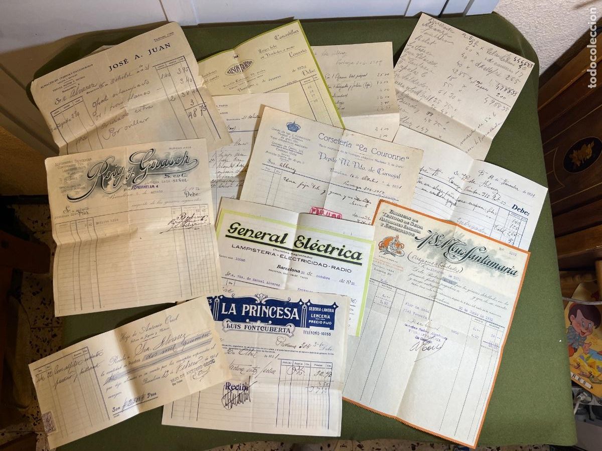 Facturas antiguas: Lote facturas antiguas familia &Aacute;lvarez-Cuevas Serra Barcelona 1931 ajuar boda comercios hist&oacute;ricos