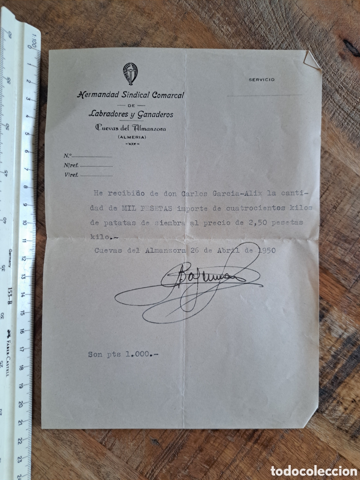Facturas antiguas: Jml Documento Hermandad Sindical Comarcal Labradores y Ganaderos, Cuevas Almanzora, Almeria, 1950.