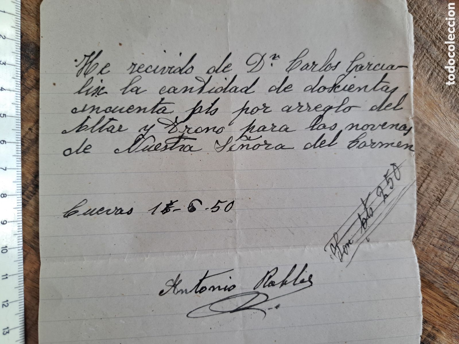 Facturas antiguas: Jml Recibo pago reparacion Altar y Trono Novenas Se&ntilde;ora Virgen del Carmen, Cuevas, Almeria, 1950.
