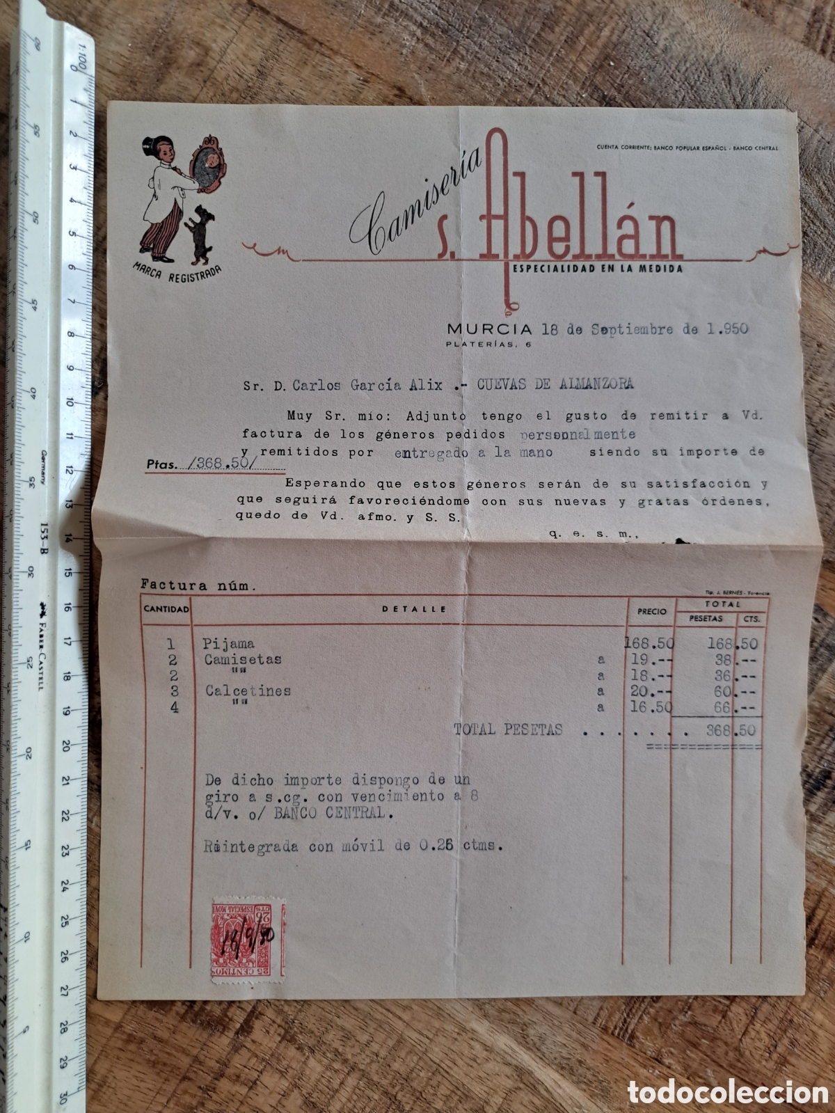Facturas antiguas: Jml Factura Camiseria Abellan a Medida, Marca registrada, Plateria Murcia sello 25 cts especial 1950
