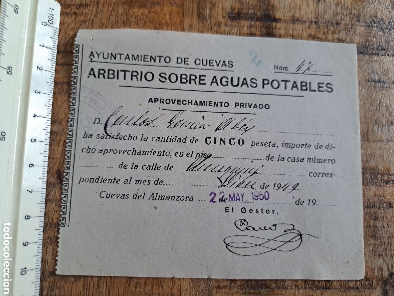 Facturas antiguas: Jml Recibo Ayuntamiento de Cuevas Almanzora, Arbitrio Aguas potables, 1950. ALMERIA. VER FOTOS. Raro