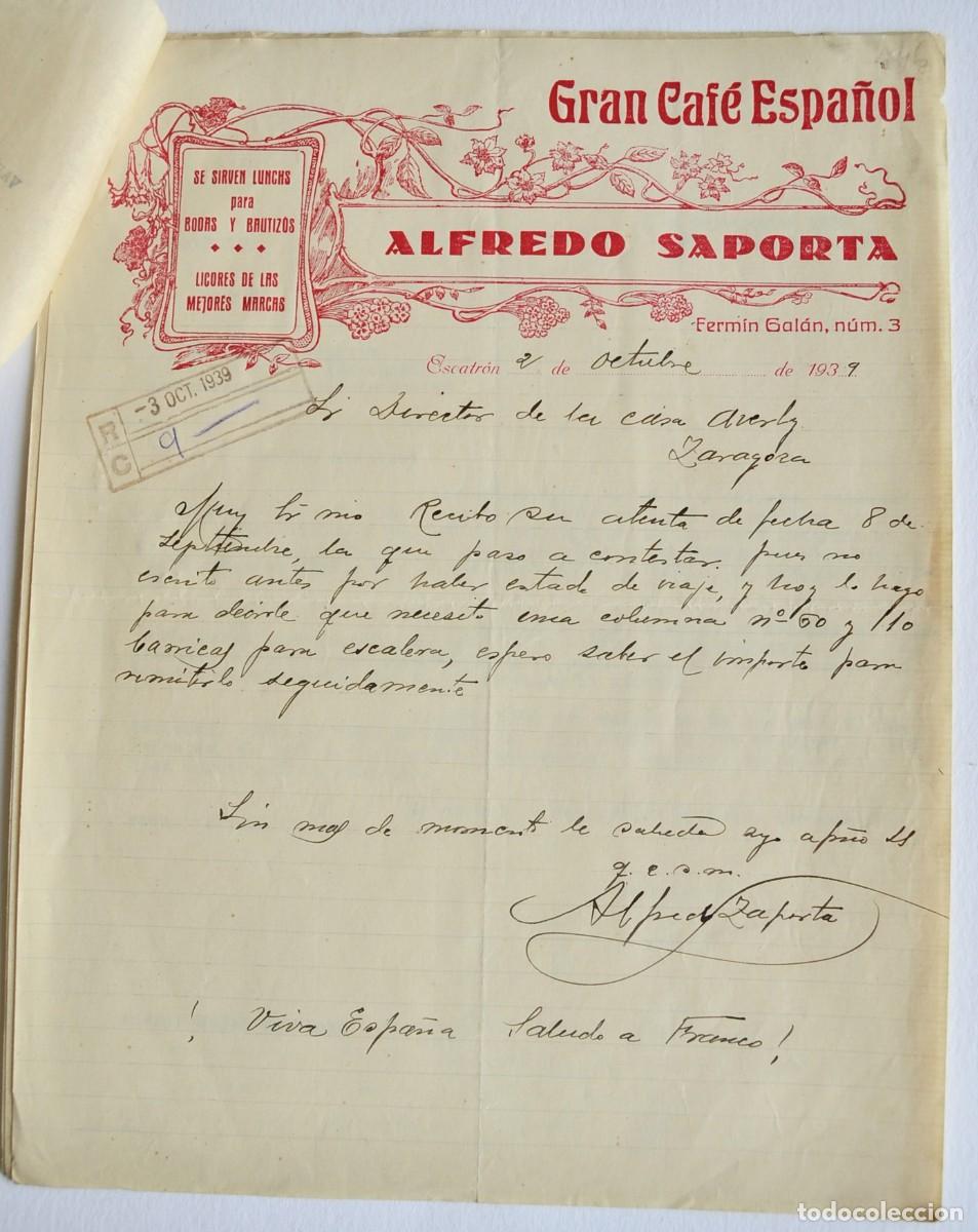 Facturas antiguas: Gran Caf&eacute; Espa&ntilde;ol. Alfredo Saporta. Escatr&oacute;n. A&ntilde;o 1939. Documentaci&oacute;n, Facturas Comerciales.