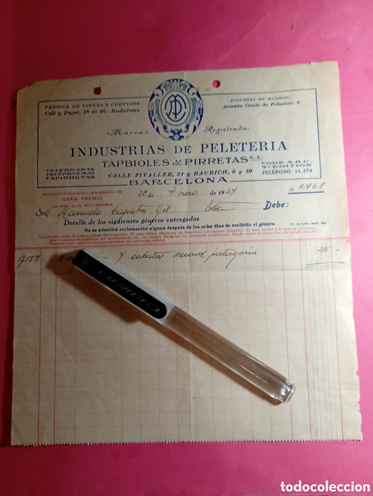Facturas antiguas: ANTIGUA E INTERESANTE BARCELONA 1934 INDUSTRIAS DE PELETER&Iacute;A ''TA&Igrave;OLES Y PIRRETAS''