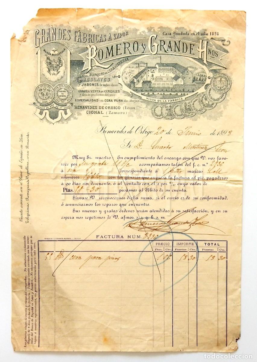 Facturas antiguas: FACTURA GRANDES FABRICAS A VAPOR CHOCOLATES ROMERO Y GRANDE HERMANOS. BENAVIDES DE ORBIGO LEON 1898